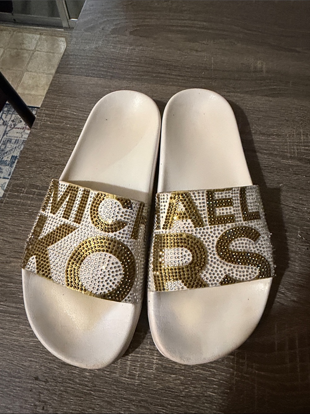 Michael Kors White and Gold Crystal Logo Slide Sandals